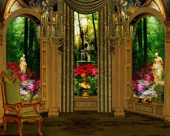 Enchanted scenery, chair, flowers, room, statue HD wallpaper