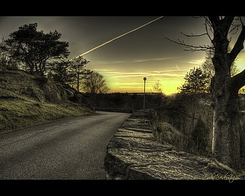 Sweden, Goteborg, clouds, trees, yellow sky, road HD wallpaper