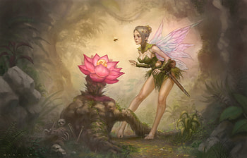 Skull Bloom Fairy, fairy, pink, fantasy, art, green, flower, mario vazquez, girl, luminos HD wallpaper