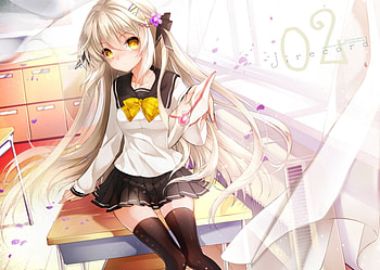 Take This Letter, yellow eyes, window, girl, bows, long hair, letter, anime, thighhighs, desk HD wallpaper