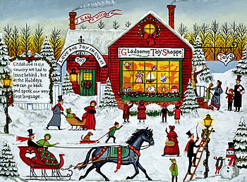 Gladsome Toy Shoppe , winter, horse, architecture, art, beautiful, cityscape, artwork, scenery, wide screen, painting, snow, equine, sled HD wallpaper