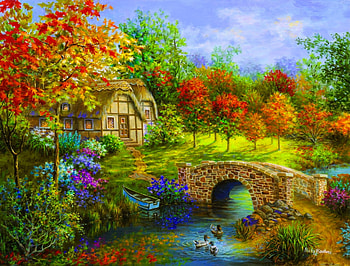 Autumn, river, art, house, nicky boehme, tree, lake, painting, pictura, green, red, bridge, cottage, luminos HD wallpaper