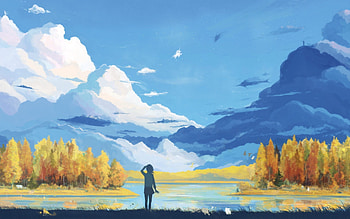landscape, Clouds, Mountains, Anime, Forest, Artwork, Fantasy art, Sky / and Mobile Backgrounds HD wallpaper