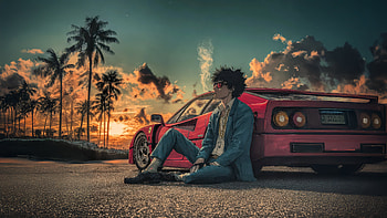 Sunset Dreams With Red Ferrari And Palm Trees, anime-boy, ferrari, car, sunset, trees, sky, clouds, smoke, artist, artwork, art, digital-art, ai HD wallpaper
