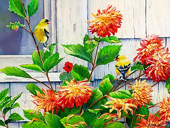 Cottage window-goldfinch, birds, window, art, house, beautiful, spring, painting, pretty, freshness, branches, goldfinch, flowers, cottage, lovely, home HD wallpaper
