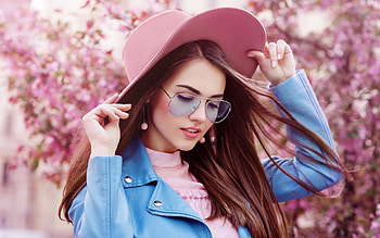 Spring beauty, hat, blue, model, primavara, girl, bloom, spring, woman, jewel, earrings, pink, sunglasses, flower, sakura HD wallpaper