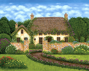 Country Cottage, artwork, summer, painting, house, clouds, sky, flowers, countryside HD wallpaper