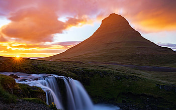 Midnight sun in Iceland, Kirkjufell, river, clouds, waterfall, colors, sky, sun, mountain HD wallpaper
