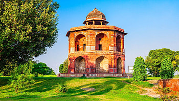 Sher Shah Mandal Pavilion in the Purana Qila fort, Delhi, India, old, lawn, trees, building, sky, park HD wallpaper