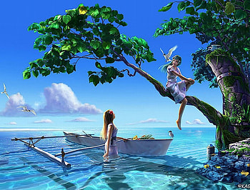 Girls, sea, abstract, fantasy, tree HD wallpaper