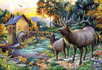 At The Mill, watermill, deer, river, artwork, painting, trees HD wallpaper