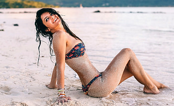 Aurela Skandaj, sand, model, beach, woman, babe, lady, water, ocean HD wallpaper