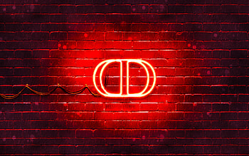 Christian Dior red logo, , red brickwall, Christian Dior logo, fashion brands, Christian Dior neon logo, Christian Dior HD wallpaper
