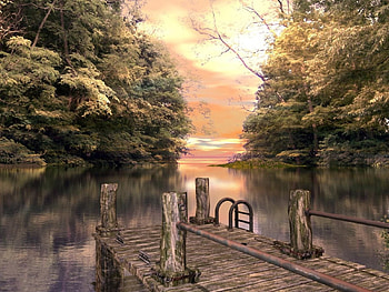 River, pier, peaceful, beautiful, nice, tree, lake, lakes, 3d, clouds, trees, nature, sky, water, lovely HD wallpaper