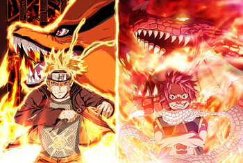 Fairy Tail, Anime, Crossover, Igneel (Fairy Tail), Kurama (Naruto), Naruto Uzumaki, Naruto, Natsu Dragneel HD wallpaper