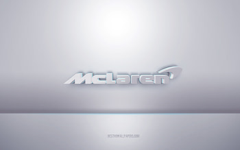 McLaren 3d white logo, gray background, McLaren logo, creative 3d art, McLaren, 3d emblem HD wallpaper