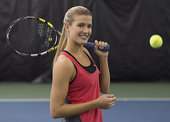 Eugenie in Red & Black, athlete, blue, black, 2015, uniform, Genie, professional, Tennis, WTA, Aussie Open, white, smiling, Nike, blond, Bouchard, Eugenie, Babolar, racket, court, green, ball, yellow, red HD wallpaper