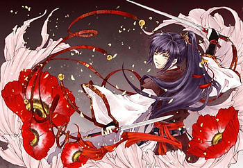 Dual Blade, japanese clothes, bell, bridal gauntlets, purple hair, nice, ponytail, flower, warrior, female, sexy, sweet, obi, sword, ribbon, hot, girl, anime girl, anime, fantasy, pretty, fighter, androgynous, mamusya, kimono, cute, dress, beauty, dual wielding, original, yellow eye, beautiful, blade, weapon HD wallpaper