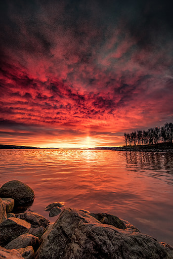 Nature, Sunset, Stones, Sea, Sun, Clouds, Glare HD phone wallpaper