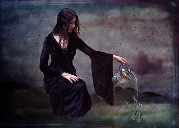 Good care..., black, art, girl, lady, digital, abstract, flowers, care, good, water HD wallpaper
