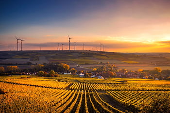 Breathtaking view of a countryside landscape with wind turbines and vivid sunset. HD wallpaper
