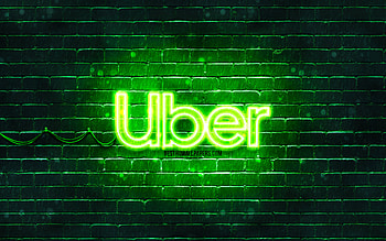 Uber green logo, , green brickwall, Uber logo, brands, Uber neon logo, Uber HD wallpaper