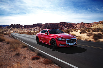 Red, luxury car, Infiniti Q60, on road HD wallpaper