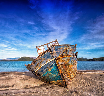 Boat, lake, mountains, wreck, blue sky HD wallpaper
