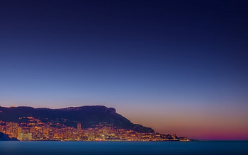 monaco in the distance at sunset, sea, city, sunset, mountain HD wallpaper