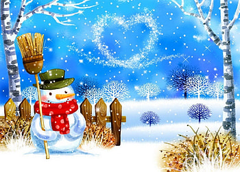 Sweet snowman, winter, colorful, fun, cute, nice, day, snowflakes, holiday, snow, fence, trees, lovel, sweet, smiling, frost, frozen, mood, cold, broom, beautiful, snowman, birch, pretty, christmas, branches, sky, heart, joy, lovely, ice HD wallpaper