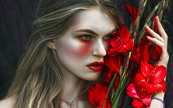 Tears and gladiolus, agnieszka lorek, model, magda, girl, woman, make-up, flower, red, face HD wallpaper