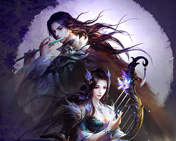 Fantasy couple, flute, frumusete, asian, man, su fu, girl, lira, instrument, moon, fantasy, couple, luna, luminos HD wallpaper