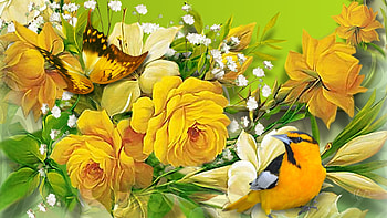 Nature in Gold, summer, birds, babies breath, butterfly, yellow, flowers, gold, Firefox Persona theme HD wallpaper
