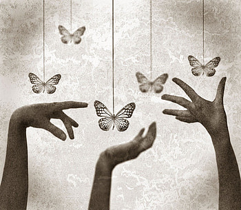 Magical new week ..., white, black, graphy, art, bw, hands, sepia, wp, butterfly, fantasy HD wallpaper