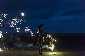 Woman, Fireworks, Night, Beach HD wallpaper