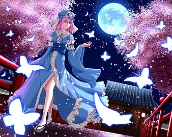 Touhou, night, blue, black, glow, cute, stars, dress, beauty, butterflies, lady, moon, sparkle, fence, short hair, female, sweet, white, art, girl, beautiful, woman, pink, anime, pretty, red, sky, lovely, cherry trees HD wallpaper