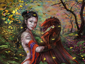 Mulan, asian, art, fantasy, red, javier carmona, dragon, girl HD wallpaper