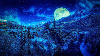 Winter Fantasy, landscape, sky, mountains, nightmoonsnow, trees HD wallpaper