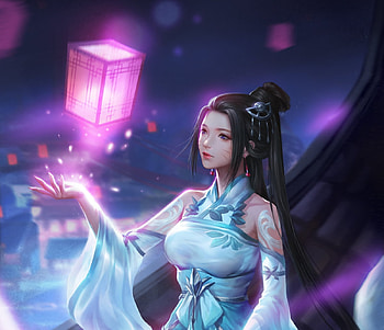 Fantasy girl, blue, asian, girl, hand, pink, ming tong, fantasy, luminos, lantern HD wallpaper