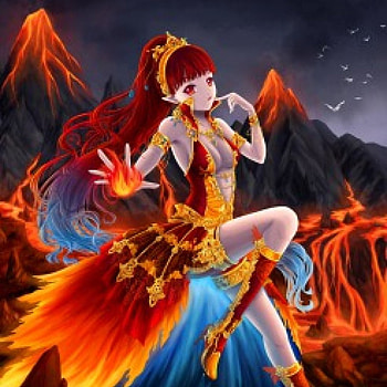 Fire, black, red hair, long hair, dress, lava, sinister, red eyed, beauyt, volcano, blaze, female, sexy, gothic, scene, bird, hot, girl, flame, beautiful, dark, anime girl, anime, red, redhead HD wallpaper