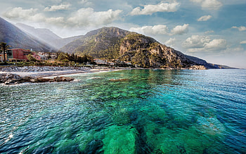 Nature, Water, Mountains, Sun, Shore, Bank, Transparent, Shine, Light, Island, Reefs, Bottom HD wallpaper