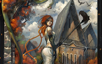 redhead girl, redhead, crows, city, house HD wallpaper