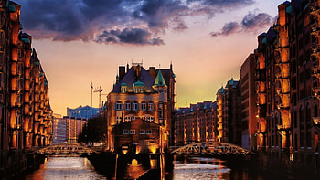 beautiful city at sunset, city, canals, clouds, bridges, sunset HD wallpaper