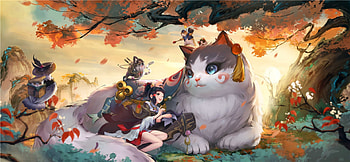 Giant cat, fantasy, pisici, autumn, girl, cat, giant, toamna, g h f art studio HD wallpaper