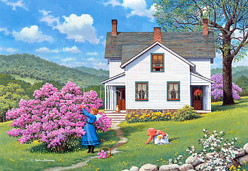Flowers for Mother, blossoms, clouds, garden, sky, cottage, girl, spring, tree, painting HD wallpaper