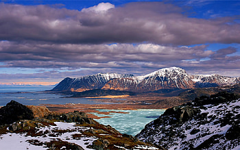 Nature, Sky, Mountains, Sea, Clouds, Snow, Lake, Shore, Bank, Height, Spring HD wallpaper