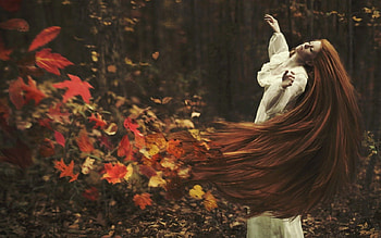 Mother Nature Changing Colors, leaves, white dress, woods, hair, woman HD wallpaper