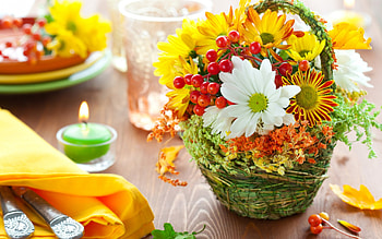 Lovely Flowers, colorful, bouquet, graphy, colors, daisies, beauty, basket, petals, glass, glasses, colorful flowers, candles, table, sweet, romance, beautiful, gerberas, still life, candle, pretty, daisy, with love, nature, romantic, flowers, lovely, gerbera, for you HD wallpaper