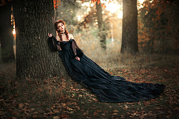 Redhead in the Forest, redhead, model, gown, forest HD wallpaper