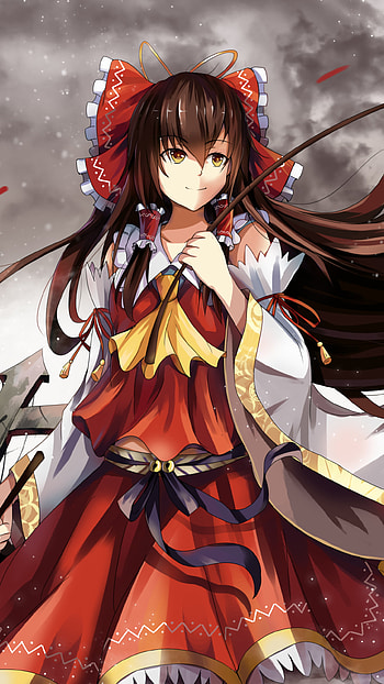 Reimu Hakurei, japanese clothes, brown hair, long hair, Reimu Hakurei, Anime, Touhou HD phone wallpaper